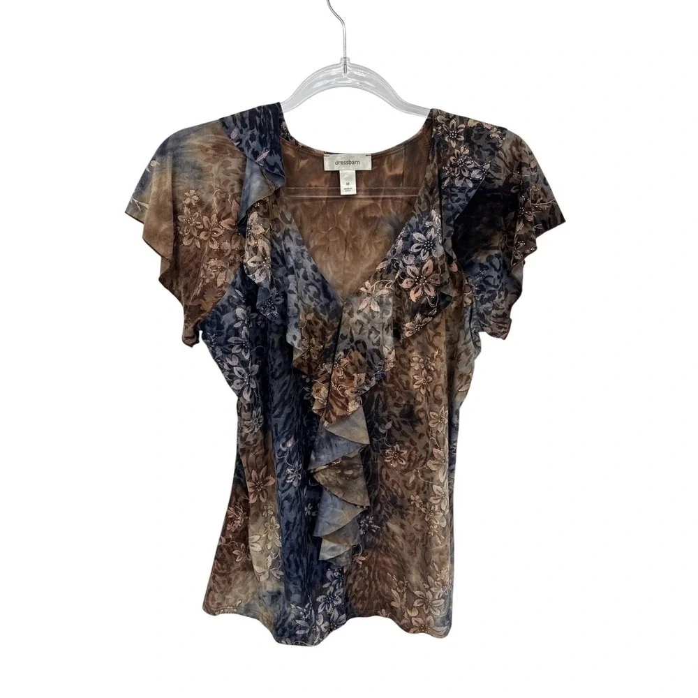 Vintage Y2K Dressbarn Top Womens Medium Brown Gray Grunge‎ Fairy Ruffle Sparkle